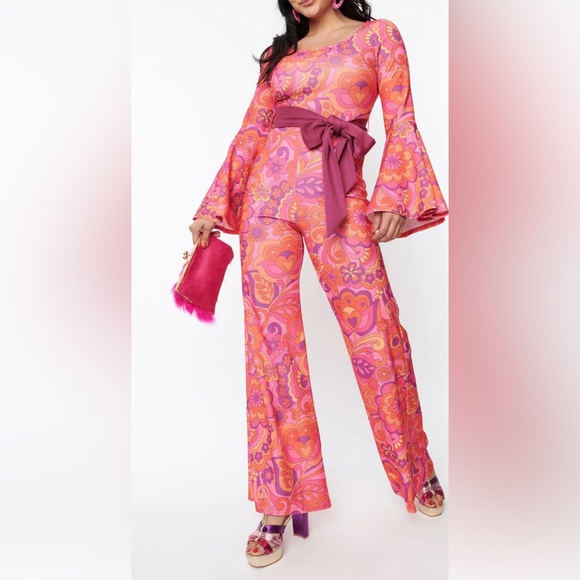 PSYCHEDELIC JUMPSUIT 70’s Inspired Long sleeves,bell bottoms pink floral print. - Picture 1 of 5